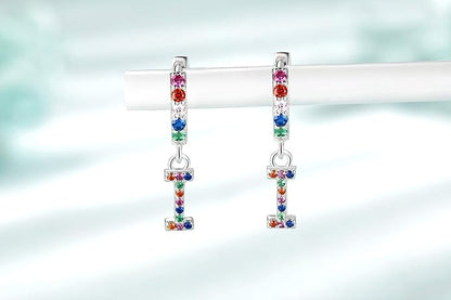 Presentski Initial Earrings 925 Sterling Silver Colorful Huggie Small Hoop Earrings Rainbow CZ Drop Dangle Simple Alphabet Earrings S925 Hypoallergenic Earring Letter A-Z for Daughter Women