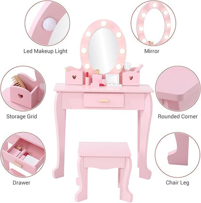 Kids' Vanity Set with Mirror and Light, Makeup Table and Stool for Girls, Vanity Table and Chair Set with Wood Makeup Playset for 4-9 Girls, Pink （Batteries Not Included）