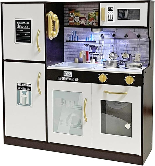 Wooden Play Kitchen Toy Set with Light, Kids Children Pretend Toy Kitchen Playset with Sink Play Toy,Oven Microwave,Toddler Cooking Set Toy for Ages 1-3 2-4 4-8 Baby Girls Boys (Espresso)