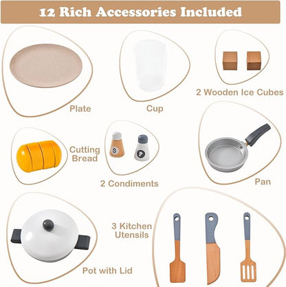 HONEY JOY Kids Kitchen Playset, 2-Piece Modular Wooden Play Kitchen for Toddlers & Refrigerator with Ice Maker, Range Hood, Oven, Little Chef Pretend Toy Kitchen Set with Light & Sound, Gray