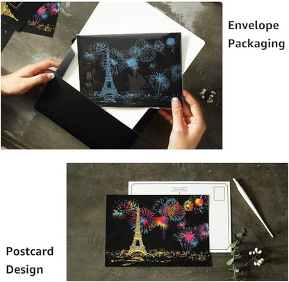 Magic Scratch Art Paper(7.9"x5.5"), Rainbow Landscape Engraving Art Mini Scratchboard Pads for Adults and Kids, Art & Crafts Set: 12 Sheets Scratch Postcard Cards & Drawing Pens, Brush (City Living)