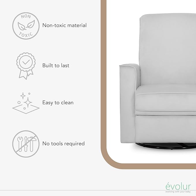 Evolur Raleigh Glider in Grey, Upholstered Plush Seating 360° Swivel Glider Rocking Chair, FSC Certified, Greenguard Gold & JPMA Certified Nursery Glider Recliner
