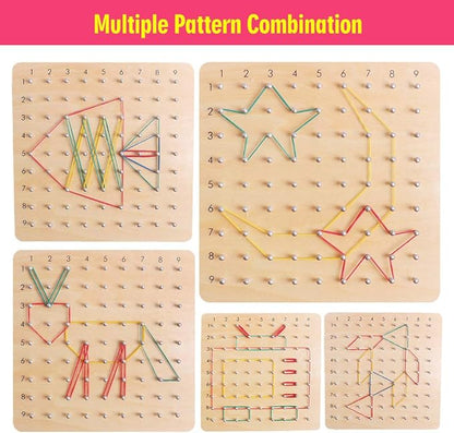 Skrtuan Wooden Geoboard with Rubber Bands, Montessori Educational Toy for Kids, Pattern Block Geo Board with Pattern Cards and Rubber Bands Create to Figures Shape STEM Puzzle Matrix Brain Teaser