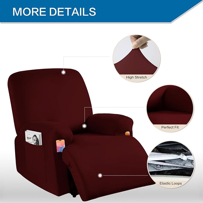 Soft Spandex Recliner Chair Covers, 4 Pieces Lazy Boy Recliner Cover for Recliner Chair, Stretch Cover for Recliner slipcovers Good Choice for All Seasons(XL,Wine Red)