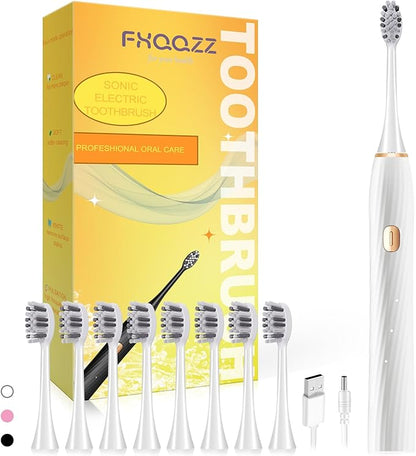 Electric Toothbrush for Adults and Kids, Sonic Electric Toothbrush, 4 Modes and 2 Minute Timer, 30000-45000VPM Power Toothbrush, IPX8, One Charge for 90 days 8 Replacement Head, Christmas Gift (White)