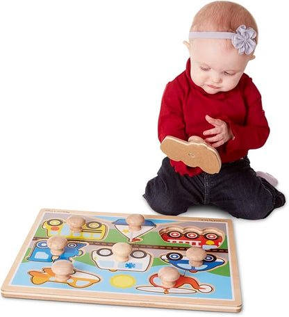 Melissa & Doug Vehicle Jumbo Knob Puzzle, Wooden Peg Puzzle for Toddlers, Educational Toy for Shape Recognition and Fine Motor Skills, Ages 1+