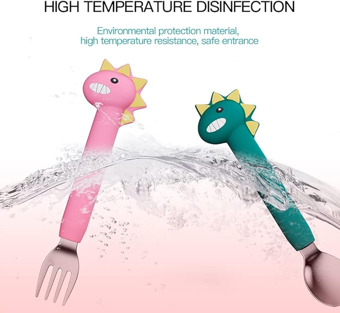 Baby Forks and Spoons Set Baby Training Utensils Self Feeding Toddler Silverware Silicone and Stainless Steel Kids and Toddler Utensil (Green Dinosaur - Long)