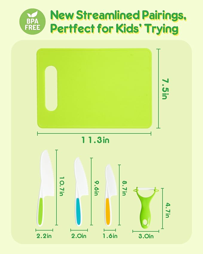 Kids Knife Set, 5 Pcs Montessori Kitchen Tools for Toddlers' Real Cooking for 3+, BPA Free Kids Safe Kitchen Cooking and Baking Set with Peeler, Cutting Board for Sandwich Bread Vegetable Fruit Gift
