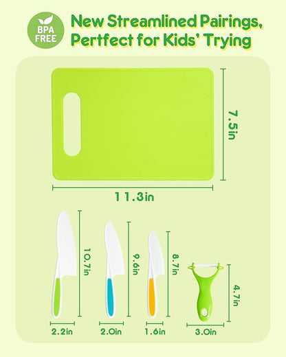 Kids Knife Set, 5 Pcs Montessori Kitchen Tools for Toddlers' Real Cooking for 3+, BPA Free Kids Safe Kitchen Cooking and Baking Set with Peeler, Cutting Board for Sandwich Bread Vegetable Fruit Gift