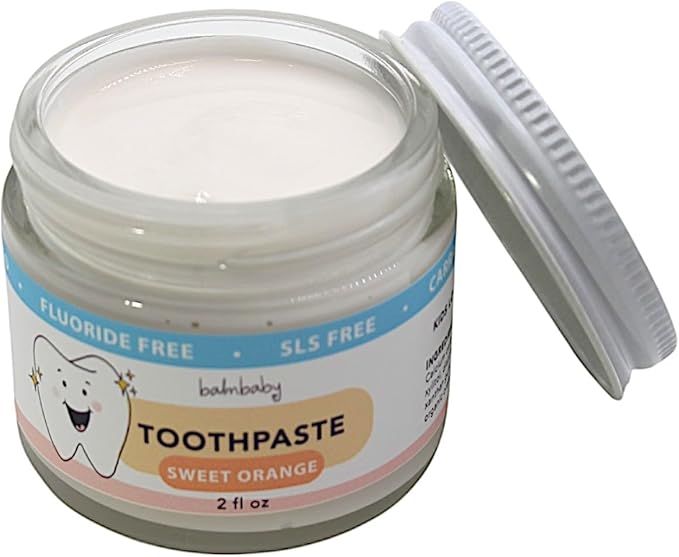 Kids All Natural Fluoride Free Toothpaste by Balm Baby Brand – SLS Free Toothpaste with Xylitol, Vegan, Gluten Free, BPA Free, Glass Jar Zero Waste Children’s Teeth Paste (2PK Orange)