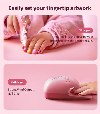 Geyiie Kids Nail Polish Set for Girls, Nail Salon Toys, Nail Decals for Nail Art for Little Girls, Kids Nail Kit with Storage Space, Fake Nails, Nail Dryer, Kids Makeup Kit as Party Favor Gifts