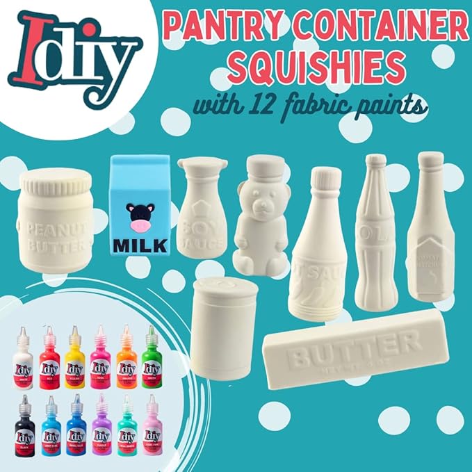 DIY Party Craft Kit Jumbo Food Container Squishies (9 Cute Pantry Shapes w 12 Fabric Paints)-White Kawaii Scented Slow Rise Squishy Toys, Scented Stress Relief, Kids Birthday Activity Gift (4"-6")