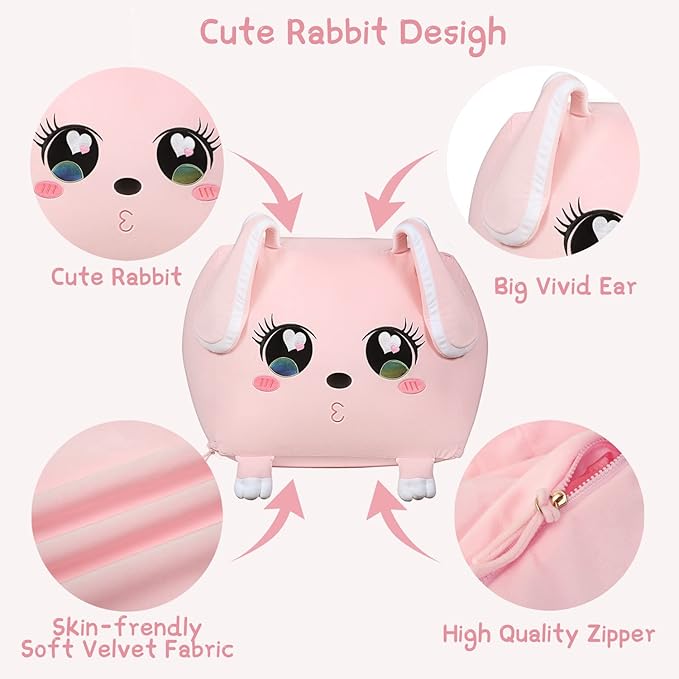 Big Ear Rabbit Toy Organizers and Storage, Cute Bean Bag Chair Pink for Girls Room Decorations, Large Size 22x24 Inch Velvet Extra Soft, Cover ONLY