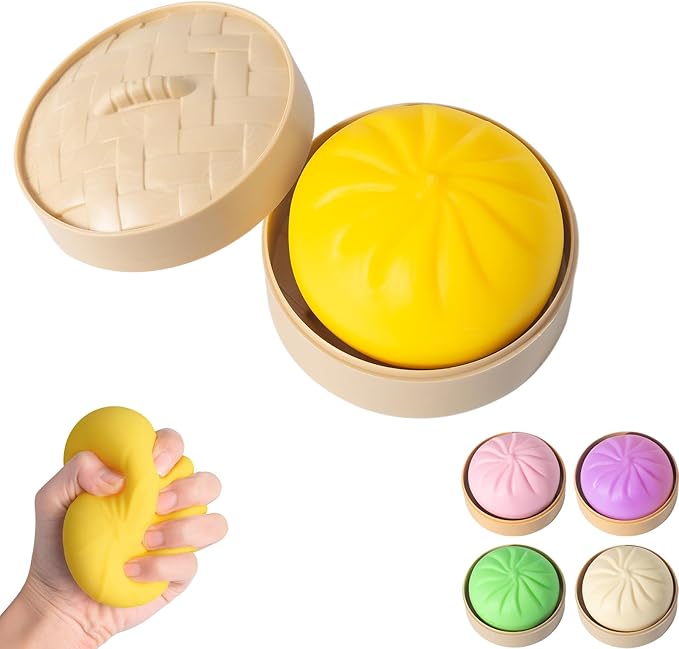 Dumpling Squishy, Mystery Squishy Dumpling Box, Fidget Toys Adults & Teens, Easter Basket Stuffers, Stocking Stuffers, Sensory Stress Ball Squeeze Toys for Stress Relief (Yellow)