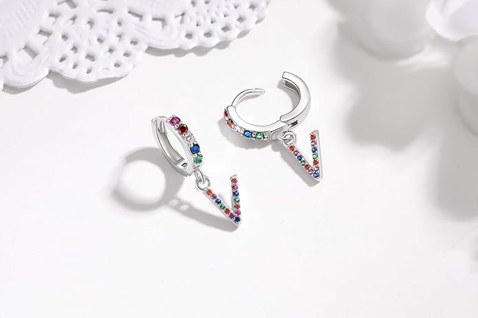 Presentski Initial Earrings 925 Sterling Silver Colorful Huggie Small Hoop Earrings Rainbow CZ Drop Dangle Simple Alphabet Earrings S925 Hypoallergenic Earring Letter A-Z for Daughter Women