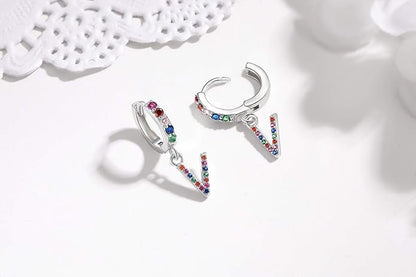 Presentski Initial Earrings 925 Sterling Silver Colorful Huggie Small Hoop Earrings Rainbow CZ Drop Dangle Simple Alphabet Earrings S925 Hypoallergenic Earring Letter A-Z for Daughter Women