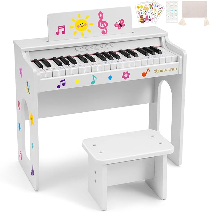Kids Piano Keyboard, 37 Keys Wooden Digital Piano for Kids with Bench,Song Book, DIY Stickers, Cover, Education Creative Musical Instruments Toy for Boys & Grils Gifts