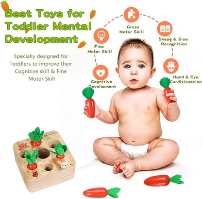 YOFUN Montessori Toys for Toddler - Carrot Harvest Wooden Matching Puzzle, Shape & Size Sorting Games for Developing Fine Motor Skill, Educational Gift for Baby Boys Girls, Made of Natural Pine Wood