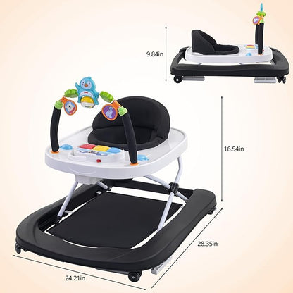 Baby Walker, Music & Removable Footrest with Toys, 3-Height Adjustable, Foldable 4-in-1 Activity Center for Infant and Toddler, Baby Walker for Baby Boy Girls 7–18 Months