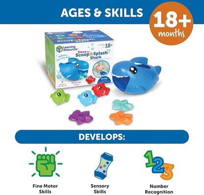 Learning Resources Steve The Scoop & Splash Shark, 7 Pieces, Ages 18 Months+, Toddler Learning Toys, Baby Toys ,Toddler Bathtub,Pool Toys, Water Toys
