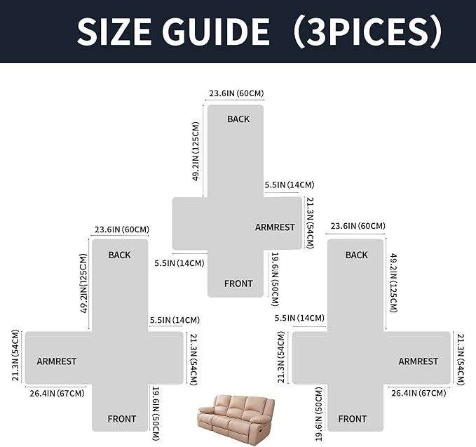 Easehomey Waterproof Recliner Sofa Cover,Non-Slip Reclining Sofa Covers for 3 Seat,Washable Reclining Sofa Cover Furniture Protector with Elastic Straps Pocket for Kids, Pets(Dark Blue,3Seat)