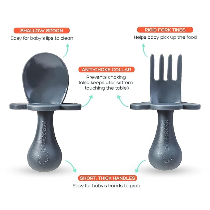 Grabease Toddler Spoon & Fork - First Stage Baby Spoons for Self Feeding from 4+ Months - BPA-Free & Phthalate-Free Baby Utensils & Silverware - 1 Set, Gray - Silverware Set - 1 Year Old Utensils