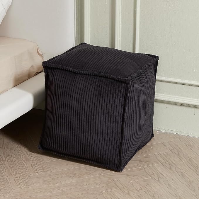 Louis Donné Unstuffed Pouf Ottoman Cover for Storage Black Square Poofy Ottomans Foot stool for Living Room Floor Cushion, Premium Corduroy Fabric, Footrest for Couch and Single Sofa 17.7"(Only Cover)