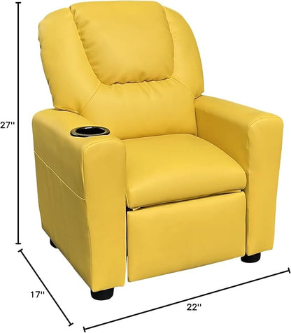 22" Kids Recliner Chair,Home Chirdren Seating with Cup Holder,Adjustable Footrest,Ergonomic Toddler Furniture w/Tilt Function,PU Leather,for Children,Boys & Girls, Living Room,Yellow