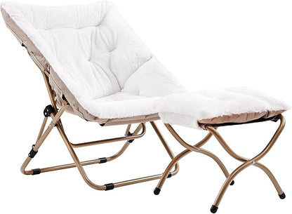 Comfy Saucer Chair with Ottoman, Oversized Folding Faux Fur Chair Soft Furry Lounge Lazy Chair with Metal Frame Moon Chair Accent Chair for Bedroom, Living Room, Dorm Rooms