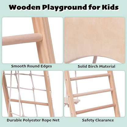 Jungle Gym Indoor (8 in 1) Wooden Indoor Playground, Toddler Wooden Climbing Toys, Montessori Playset, Gym with Slide, Climbing Net, Swing, Tent, Gymnastics Ring…