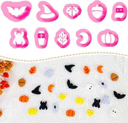 Xaekicr Halloween Polymer Clay Cutters Set - 10Pcs Clay Cutters for Polymer Clay Jewelry, Small Size Clay Tools for Earrings DIY, Fall Pumpkin Bat Witch Hat Molds