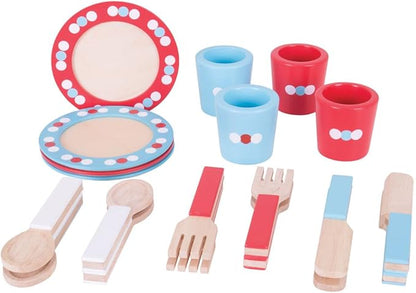 Bigjigs Toys Role Play Dinner Service Tea Set - Kids Tea Set with Toddler Cutlery, Toy Kitchen Accessories for Wooden Play Kitchen, Toy Plates and Cutlery Set
