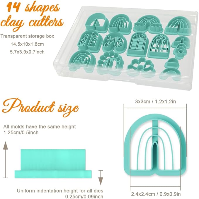 ORIGACH 14 Pcs Boho Arch Shape Polymer Clay Cutters, Rainbow Flower Frame Design Clay Cutters for Polymer Clay Jewelry Earrings with a Clear Storage Box