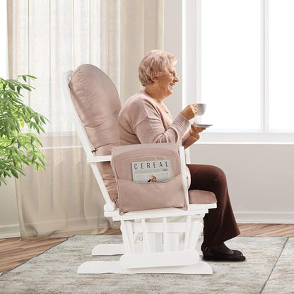 Costzon Nursery Glider with Ottoman, Upholstered Comfort Glider Rocker with Padded Cushion, Storage Pocket, Solid Wood Base, Rocking Chair Nursery for Breastfeeding, Maternity, Napping (Pink)