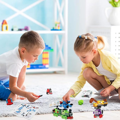 24 Packs Train Building Blocks with Valentines Gift Cards, 6 in 1 Train Building Blocks Sets for Boys Girls Goodie Bags Carnival Prizes Birthday Supplies, Classroom Exchange Prize, Valentine Party