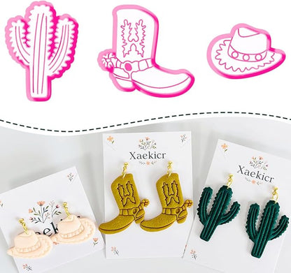 Xaekicr Western Theme Polymer Clay Cutters Set – 3PCS Cowboy Hat Boot Cactus Clay Earring Cutters, Polymer Clay Molds and Tools for DIY Jewelry Making
