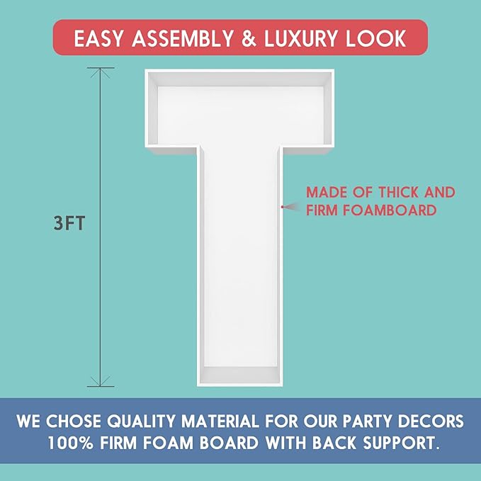 3FT Tall Mosaic Balloon Frame Letters Big Marquee Light Up Letters DIY Kit for Birthday Party Wedding Backdrop Decor Letter T Pre-Cut Foam Board