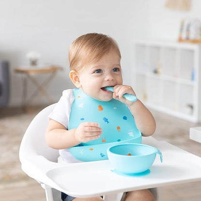Bumkins Baby Bowl, Silicone Feeding Set with Suction for Baby and Toddler, Includes 4 Spoons and Lid, First Feeding Set, Training Essentials for Baby Led Weaning for Babies 4 Months Up, Blue