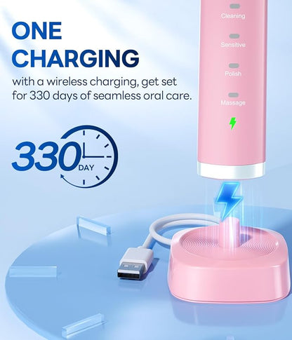 Bymore Electric Toothbrush for Adults,Travel Sonic Toothbrush with 8 Replacement Heads, Ultra Clean Rechargeable Toothbrush Portable Electric Toothbrush-Pink