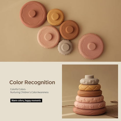 Nueplay 7 Pcs Stacking & Nesting Baby Toys, Squeeze Teething Baby Toys and Building Circle with Pink Horse Figure, Newborn Essentials for 6 12 18 Months Baby Toddler Girls