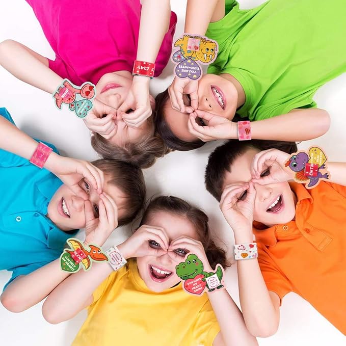 Mibor Valentines Day Cards for Kids - 30 Pcs Dinosaur Gift Cards + 30 Pack Slap Bracelets for Valentines Party Favors, Valentines Day Cards for Kids Party Decorations, Valentines Gift Snap Bracelets