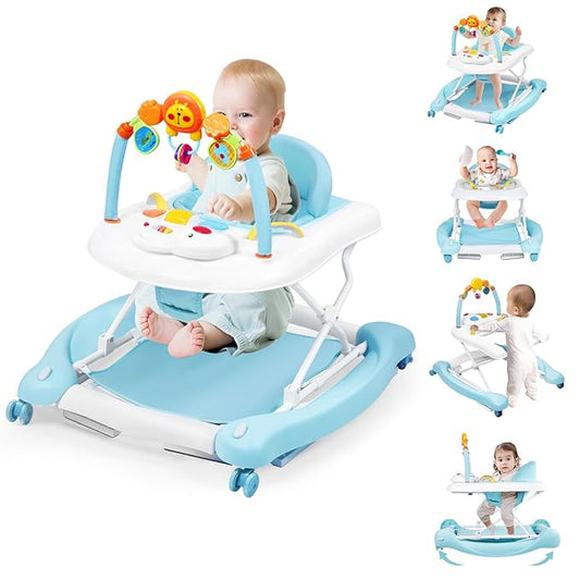 Boyro Baby Baby Walker, 5-in-1 Baby Walkers for Boys and Girls 6-12 Months with Bouncer, Removable Footrest, Feeding Tray & Music, Foldable & Adjustable Activity Walker for 6-18 Months Toddler Infant
