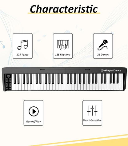 Finger Dance 61 Key Folding Piano Keyboard, Upgrand Imitation Wood Texture Keyboard Portable Piano, Bluetooth & MIDI, Foldable Keyboard Piano for Beginner - Deep Black