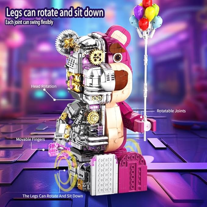 Pink Small Particles(1729 Pieces)Semi-Mechanical Building Block Teddy Bear Compatible with Lego Suitable for Ages 15+ Comes with a Transparent Display Box and a Multi-Functional Building Block Hammer