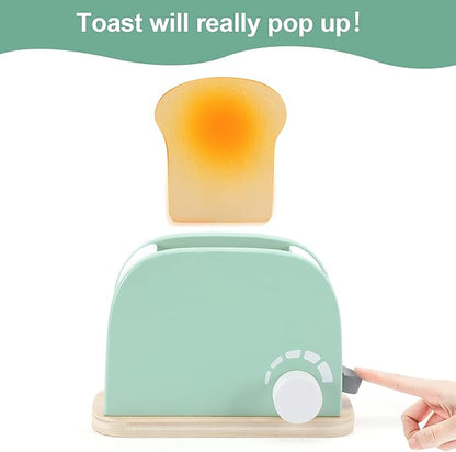 WHOHOLL Wooden Kitchen Toys, Pop-Up Toaster for Kids Play Kitchen, Bread Maker Toy Kitchen Appliances, Play Kitchen Accessories for Toddlers Early Learning, Pretend Play Food Sets for Girls and Boys