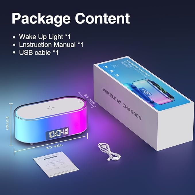 Sunrise Alarm Clock with Simulation, Wake Up Light for Heavy Sleepers, Wireless Charging, Dual Alarms, Sleep Aid & Snooze, 7 Natural Sounds, 8 Night Light, Ideal for Kids Bedroom Gift