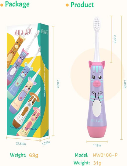 NELL&WELL Kids Electric Toothbrush, 2-Min Timer, 3 Modes with Memory, IPX 7 Waterproof, Battery Powered Kids Toothbrush with 3 Soft Bristles Heads for Children Boys and Girls Ages 3+