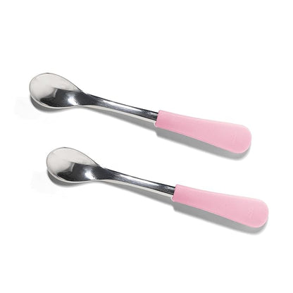 Avanchy Infant Baby Spoons Stainless Steel and Silicone Set, Self Feeding Food Utensils, 4 Months Baby Led Weaning, 2 Pack, Pink
