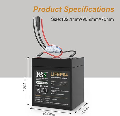 KBT 12V 5Ah Rechargeable Lithium LiFePO4 Battery Pack, Bare Leads Wire Replacement Battery with Charger Compatible with 12V Devices DIY Bluetooth Speaker Boombox Radio