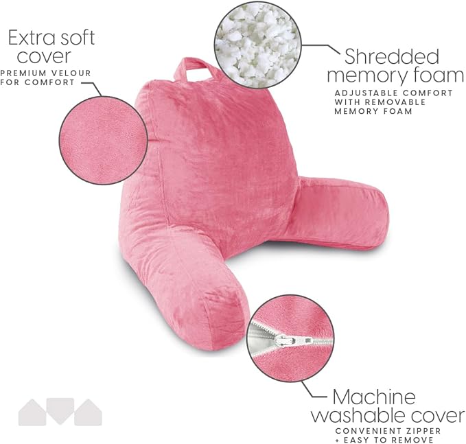 Milliard Reading Pillow with Shredded Memory Foam, Large Adult Backrest with Arms, Back Support for Sitting Up in Bed with Washable Cover (Sit up Pillow) Pink